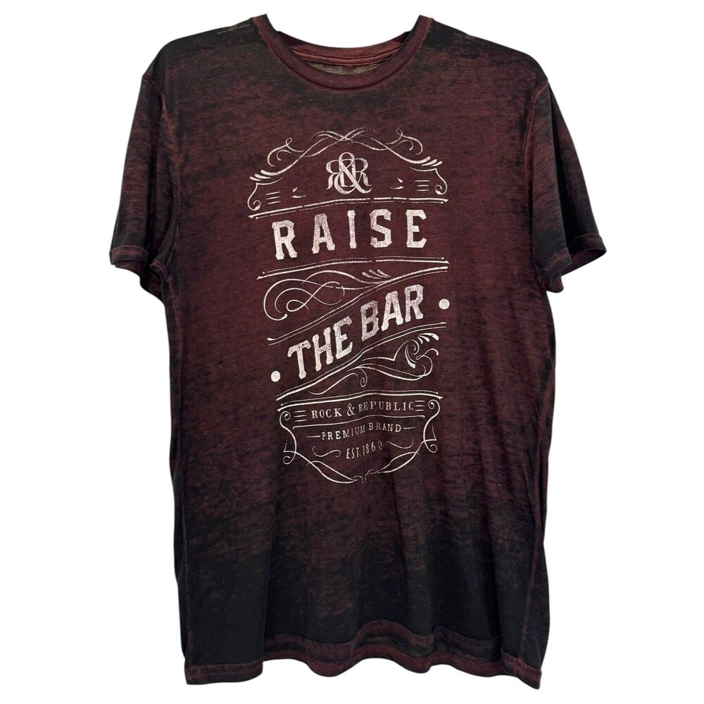 Mens Rock & Republic TShirt Size L Burgundy Iconic Tee Y2K Burnout Raise the Bar